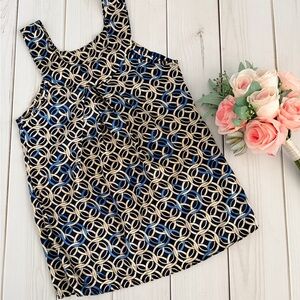 Vintage Satin Sleeveless Geometric Print Tank Top in Navy and Cream